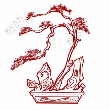 中国风红色剪纸青松盆栽