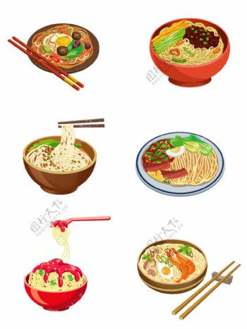 美食面条碗筷子炸酱海鲜矢量手绘卡通设计