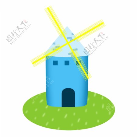 田园风车蓝色手绘卡通欧洲建筑广告素材