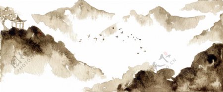中国古风手绘飞鸟山水