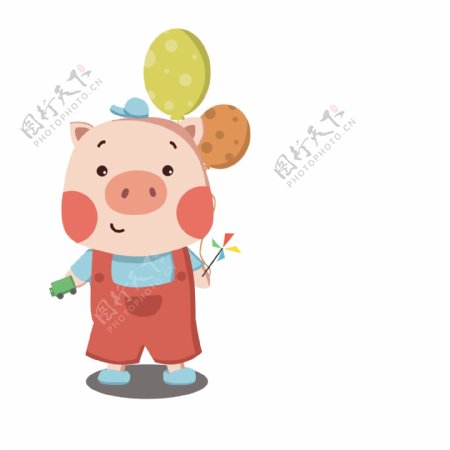 卡通手绘猪年可爱呆萌拿气球穿背带小猪