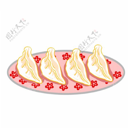 红色小花盘子水饺插画