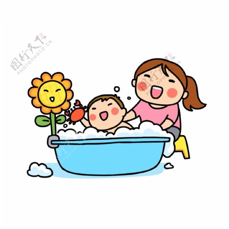 手绘洗澡的孩子插画