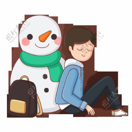 手绘靠着雪人的男孩插画