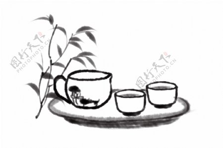 手绘黑白画茶具插画