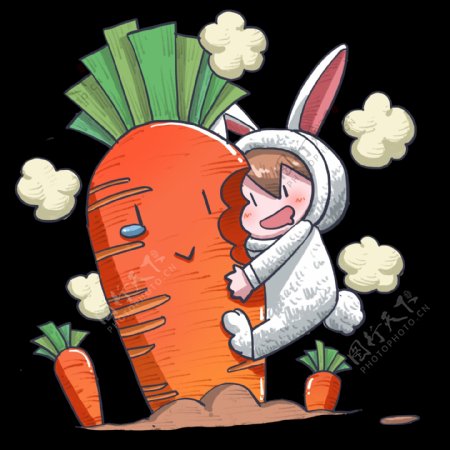 卡通手绘创意抱着萝卜的兔子小娃娃