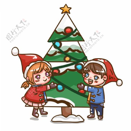 圣诞节可爱情侣与圣诞树庆祝卡通手绘素材