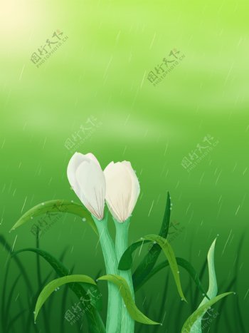 绿色小清新手绘雨中花朵谷雨