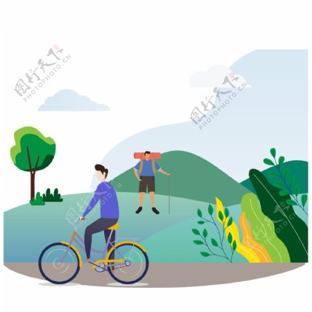 旅游登山爬山锻炼骑行插画风矢量元素