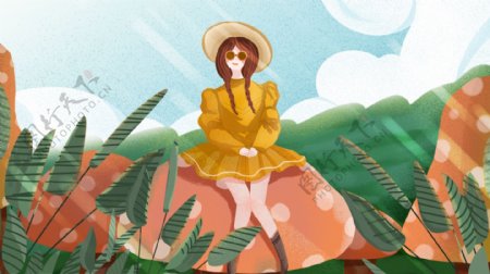 原创手绘插画坐在蘑菇女孩背景设计