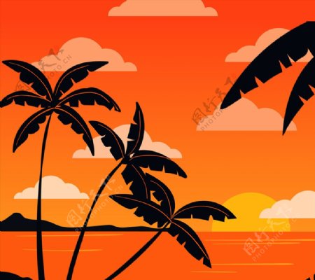 创意夕阳下的椰子树剪影