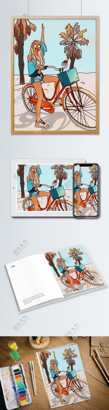 五四青年节女孩骑单车沙滩游玩商业插画