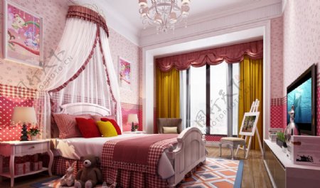 粉色儿童房效果图卧室3D模型
