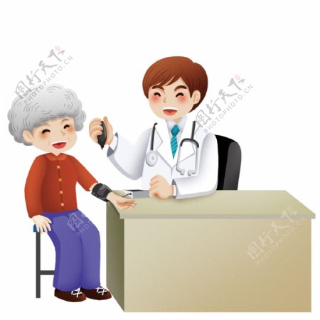 手绘卡通医生与老奶奶元素