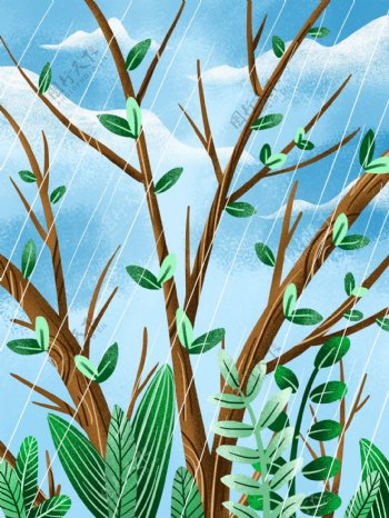 彩绘谷雨节气树林背景设计