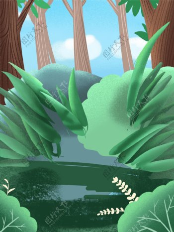 夏季手绘绿色树林背景设计