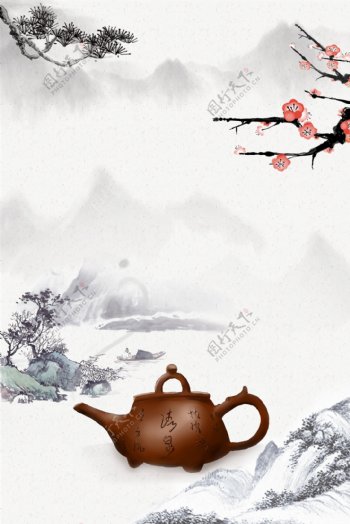 中国风水墨山水画茶道宣传海报背景素材