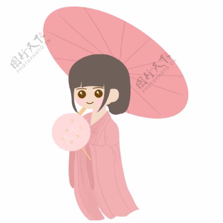 撑伞粉色少女装饰元素