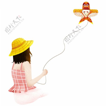 手绘坐着放风筝的女孩设计元素