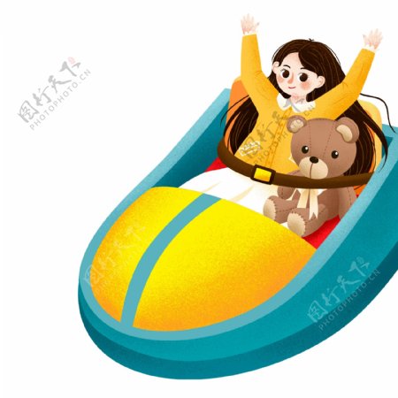 彩绘快乐六一坐过山车的女孩和小熊设计