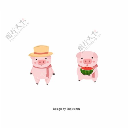 可商用夏日吃瓜和戴草帽的猪元素