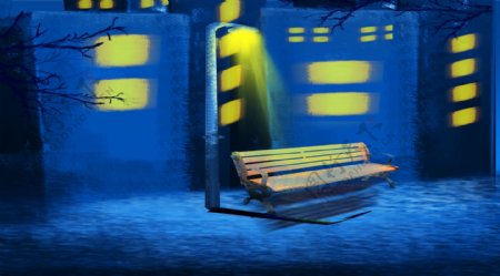 世界晚安路灯下的长椅插画背景