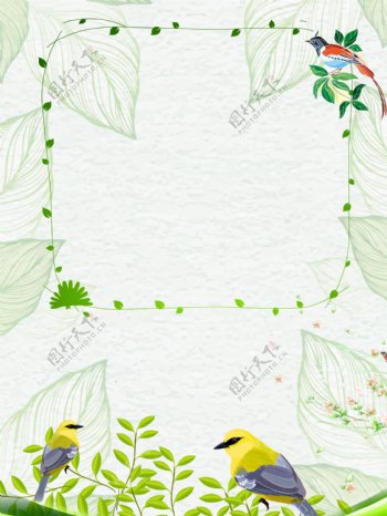 手绘夏季树叶小鸟背景