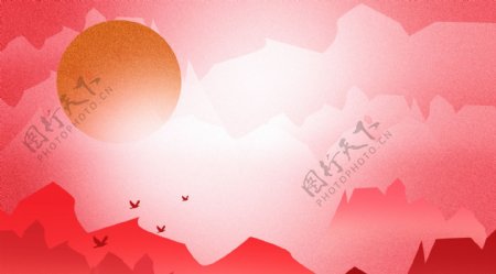 红色大气山峰风景插画背景