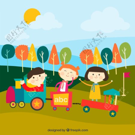 卡通坐玩具火车的3个儿童