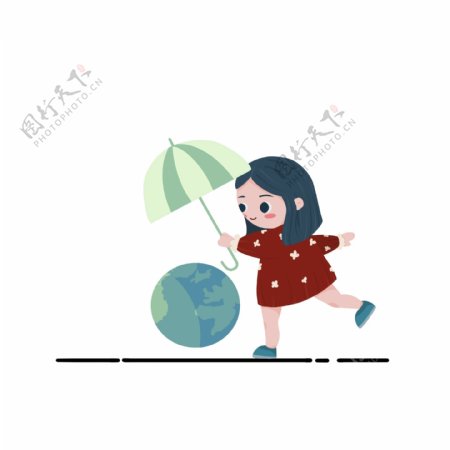 红裙小女孩为地球撑伞