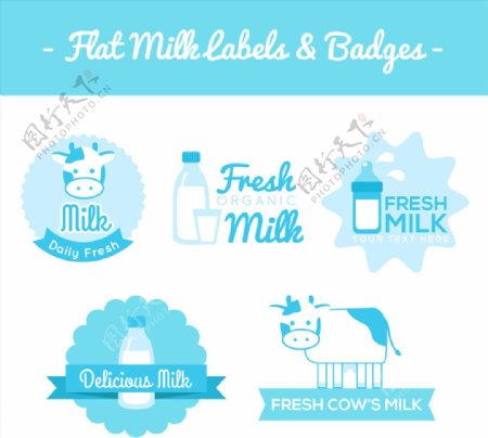 蓝色牛奶标签和徽章