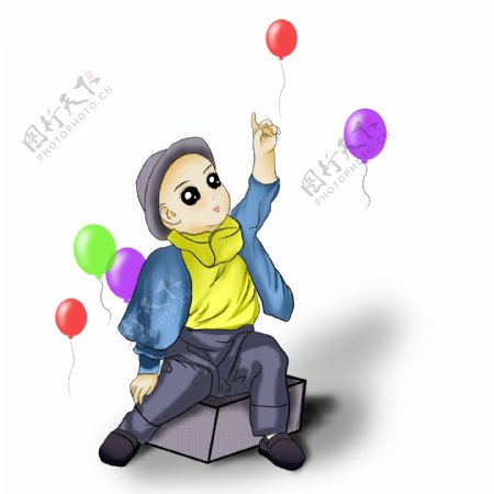 卡通男孩与飞走的气球
