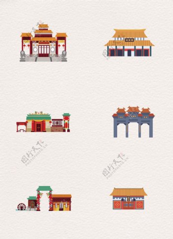 中国古代建筑卡通扁平化素材
