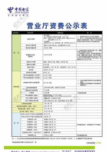 中国电信营业厅资费公示表