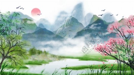 中国古风水彩画