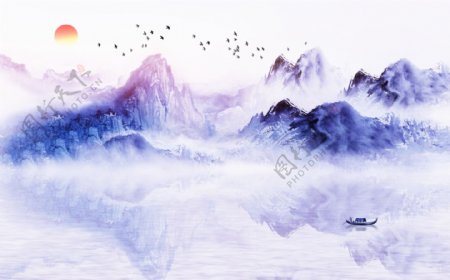 新中式唯美风景意境山水画水墨