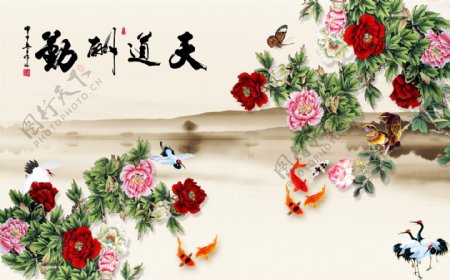 中式牡丹花开富贵电视背景墙