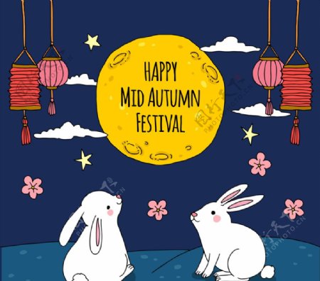 卡通可爱中秋节赏月白兔矢量素材
