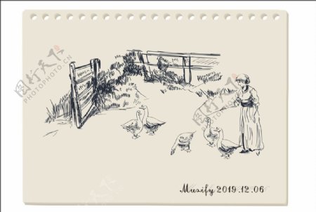 农妇与鹅素描画