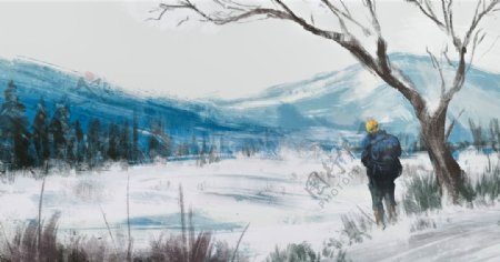 彩色插画群山大雪风景