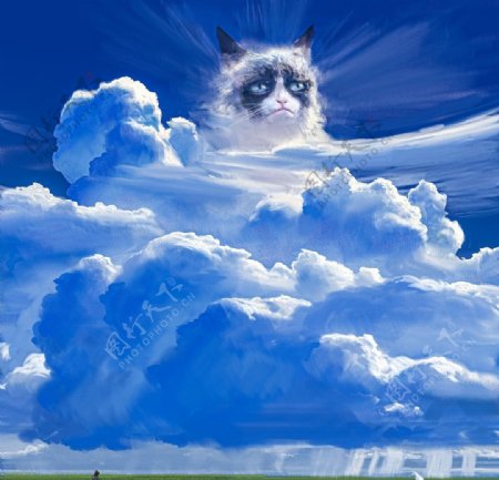 彩色天空云彩小猫插画
