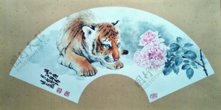画家刘俊良国画作品老虎虎嗅蔷薇