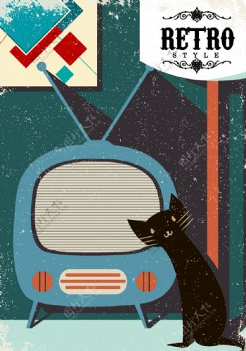复古电视和黑色猫咪