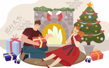 创意圣诞节壁炉旁的夫妇