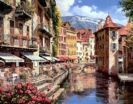 油画欧洲小镇高清喷绘素材
