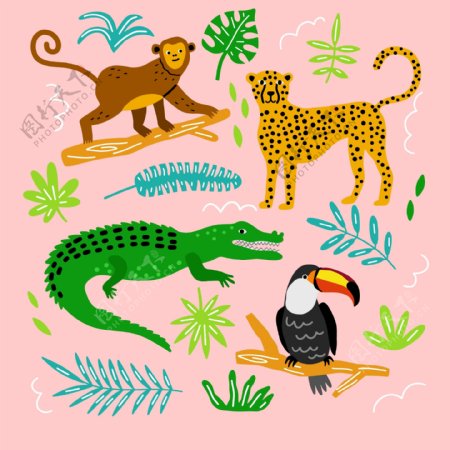 4款彩绘动物和树叶矢量素材