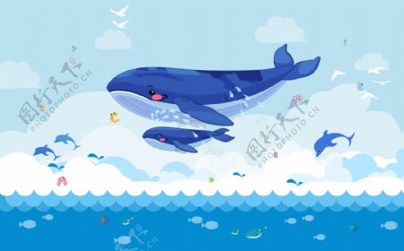 卡通壁画亲子海豚