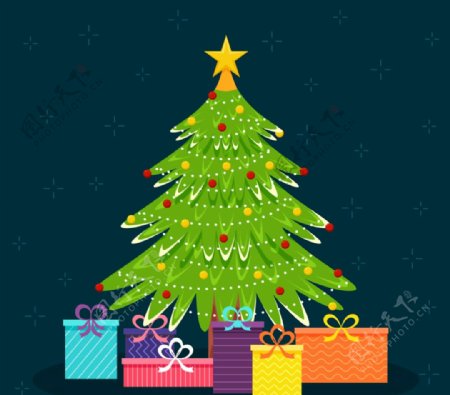 手绘绿色圣诞树和礼物
