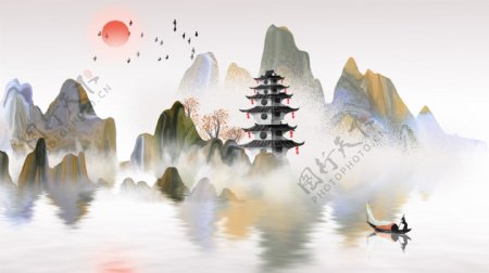 山水地产传统国风插画卡通背景