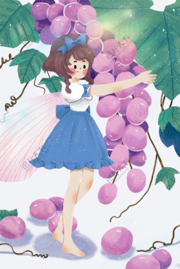 紫色葡萄少女人物插画卡通素材